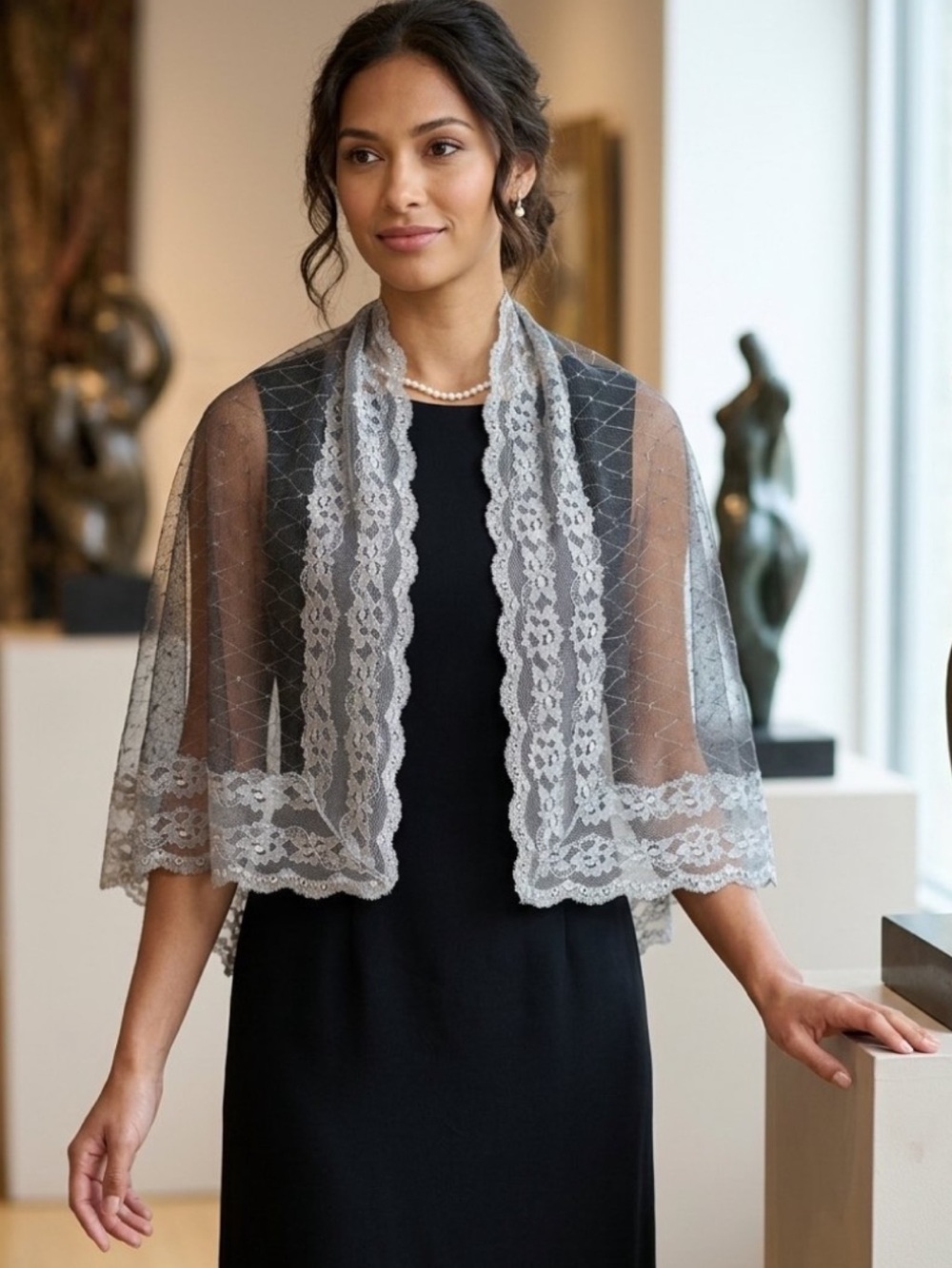 Sheer Dotted Mesh Lace Trim Floral Capelet Scarf Shawl Smoky Gray Shade Elegant